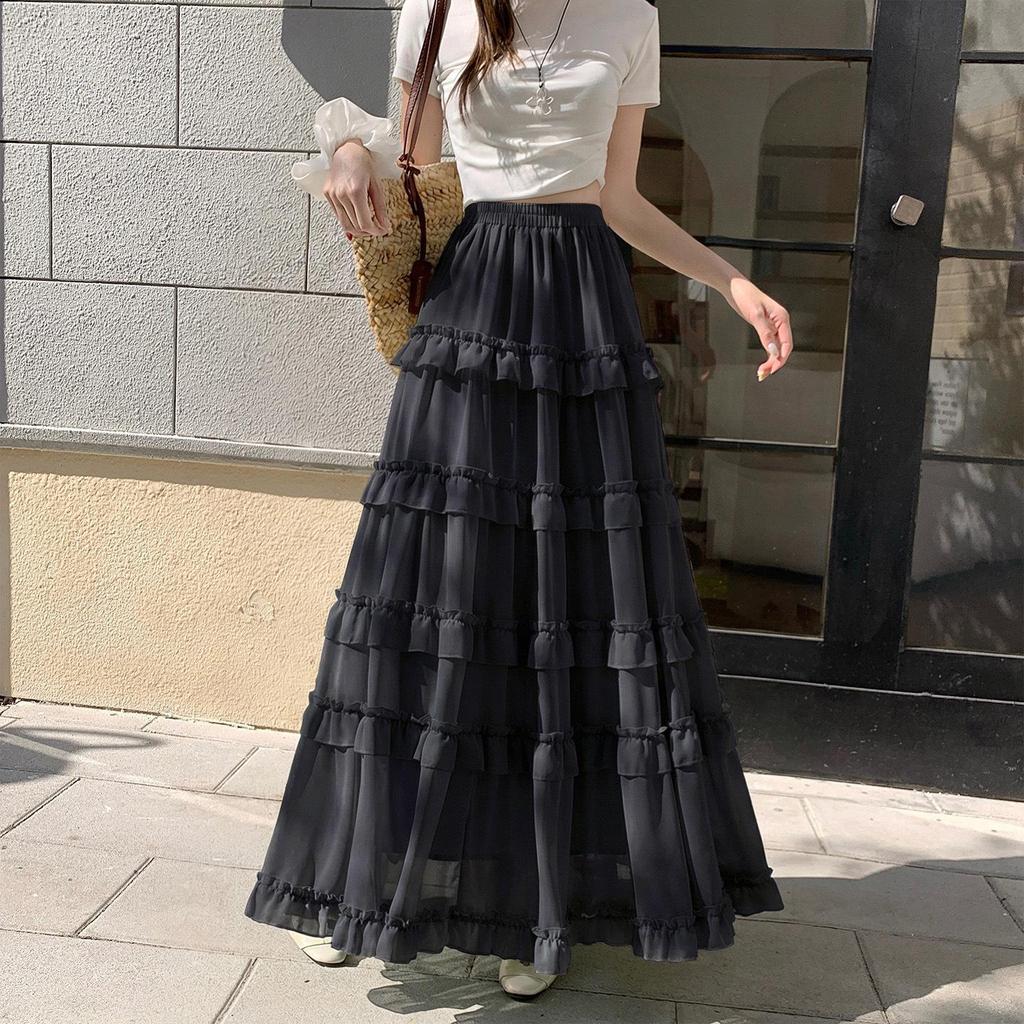 Women's French Ruffled Chiffon A-Line Dress - Slimming High Waist Fairy Skirt for Spring 2026