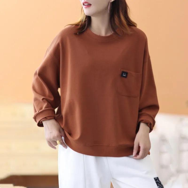 Fashionable and Versatile Women's Pure Cotton Sweatshirt Loose Round Neck Long Sleeve Loose Casual Pocket Top Pullover