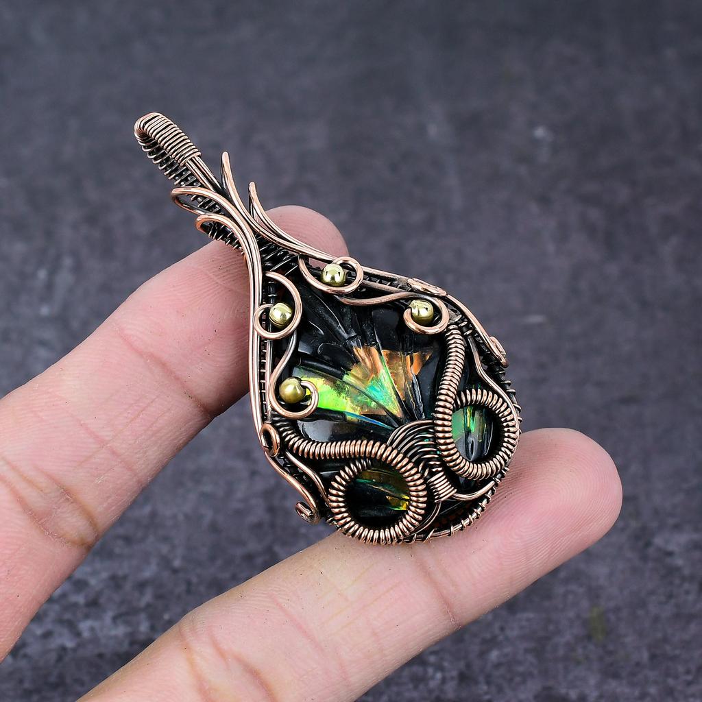 Carved Ammolite Gemstone Handmade Copper Wire Wrap Jewelry Pendant 2.6" Y3h43