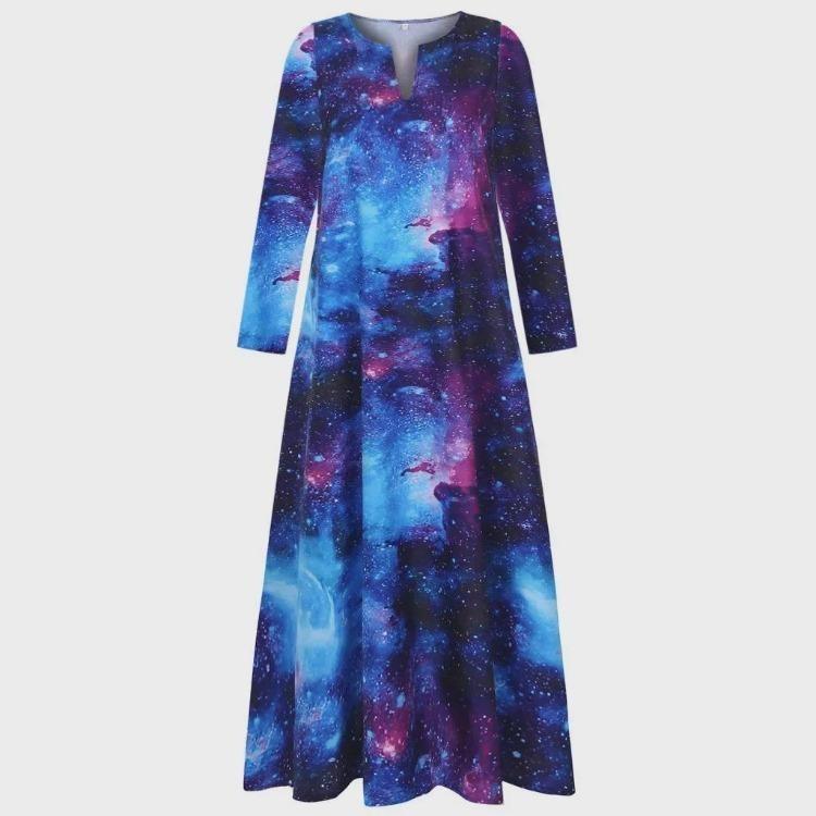 3D Print Starry Sky Maxi Dress Long Sleeve New Fashion