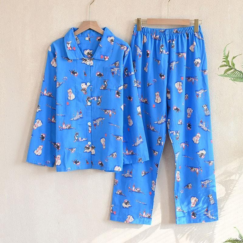 Womens Cotton Pajama Set Long Sleeve Button-Up Top With Pants Cartoon Print Comfortable Home Wear Fall Winter