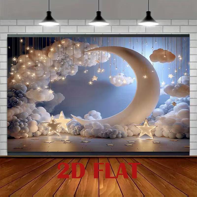 Sfondo 2D Cielo Blu Incantato Luna con Luci Stellari & Nuvole Soffici Sfondo Fotografia Neonato