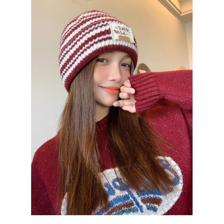 Japanese-style loose-fitting large-head circumference knit hat with striped color-blocking, versatile for autumn and winter, warm, fashionable, with