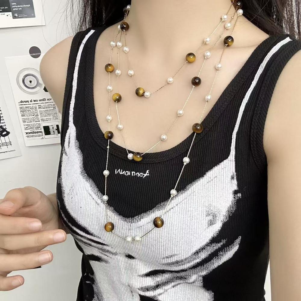 Fashion Retro Maillard Tiger's Eye Stone Pearl Multi-layer Fold Wear Necklace for Women Long Sweater Chain Jewelry Accessories
