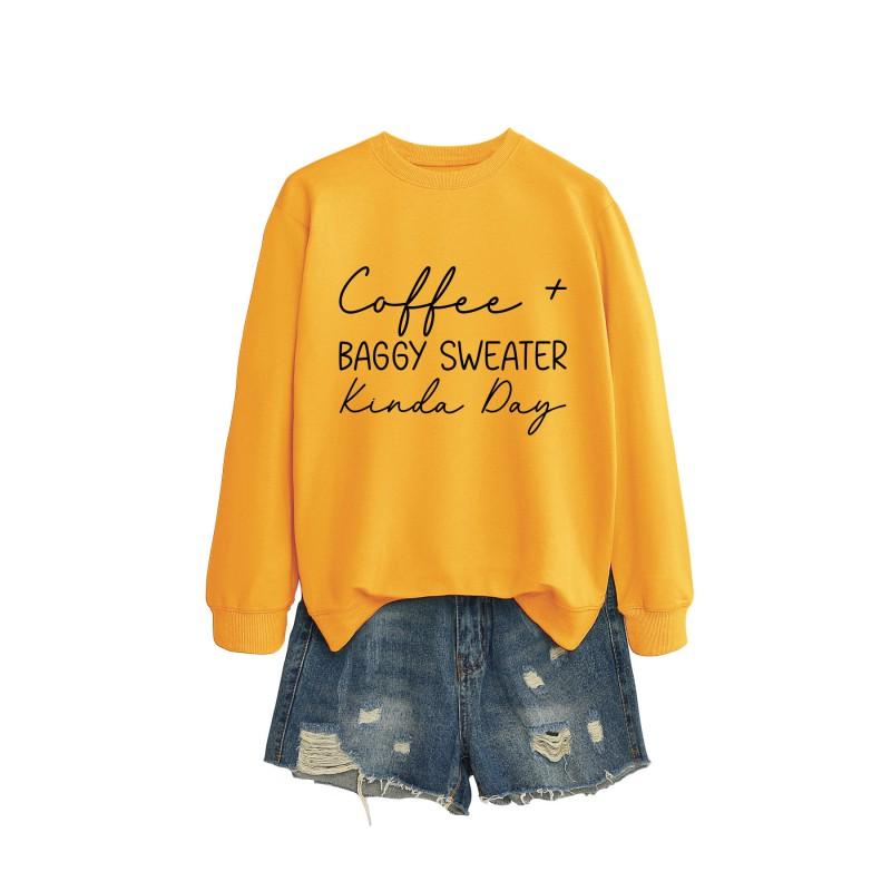 Womens Oversized Round Neck Long Sleeve Cotton Blend Casual Sweatshirt With Print - Loose Fit Comfort Top