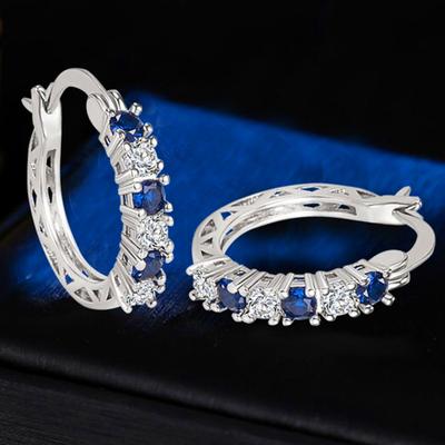 Yousheng 1 Pair Women Huggie Earrings Blue Cubic Zirconia Small Hoop Earrings Party Prom Clipping-on Earrings Copper Round Earrings