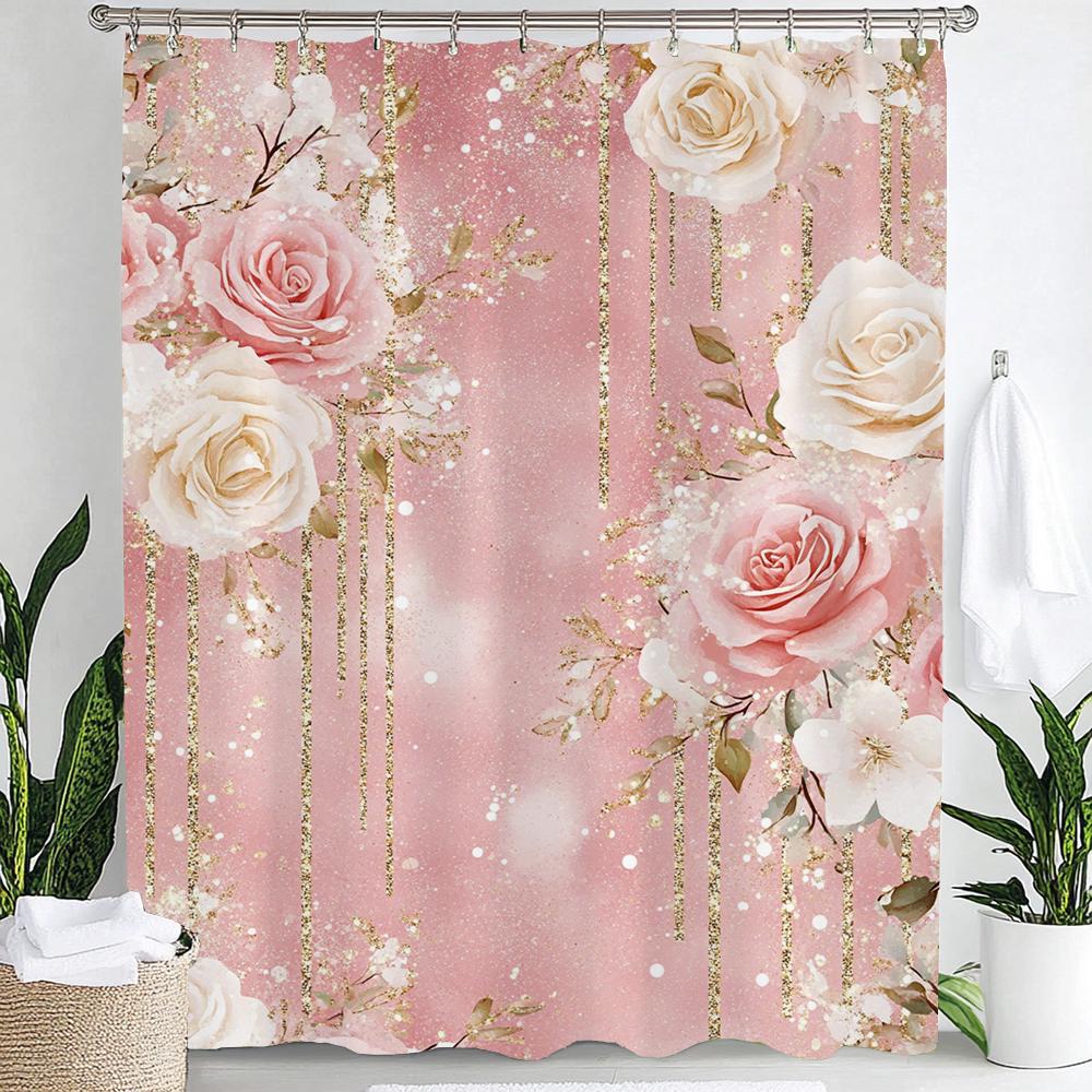Rosa Blumen Duschvorhang für Damen, Braut, Hochzeit, Rosa Blumen, Romantisch, Geeignet für Mädchen, Hängender Vorhang Mit Haken