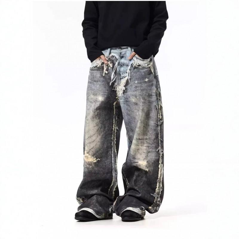 Mens Distressed 3D Printed Wide Leg Straight Cut Denim Jeans - Relaxed Fit Streetwear Style
