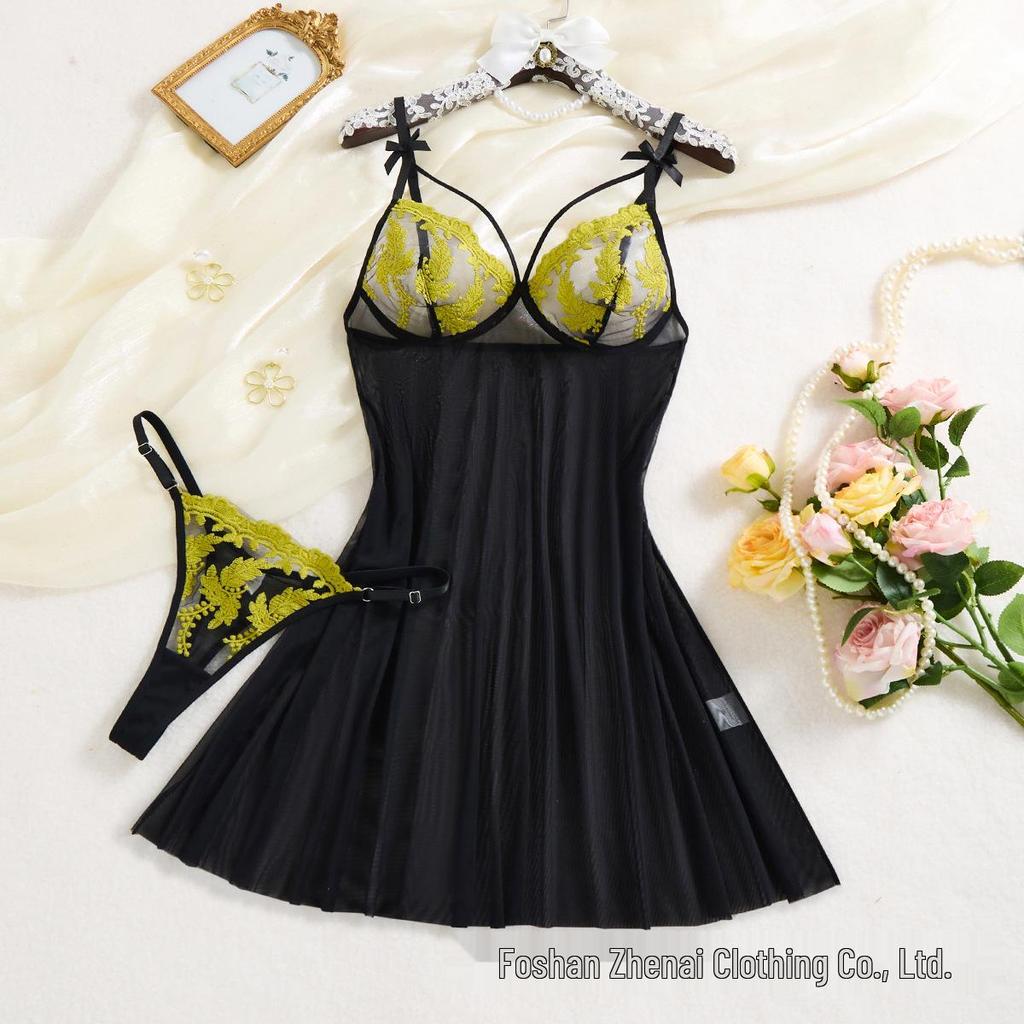 2025 New Sexy Ultra-Thin Lingerie Slip Dress with T-Pants, Transparent Mesh, Wheat Ear Embroidery Flirtatious Pajamas