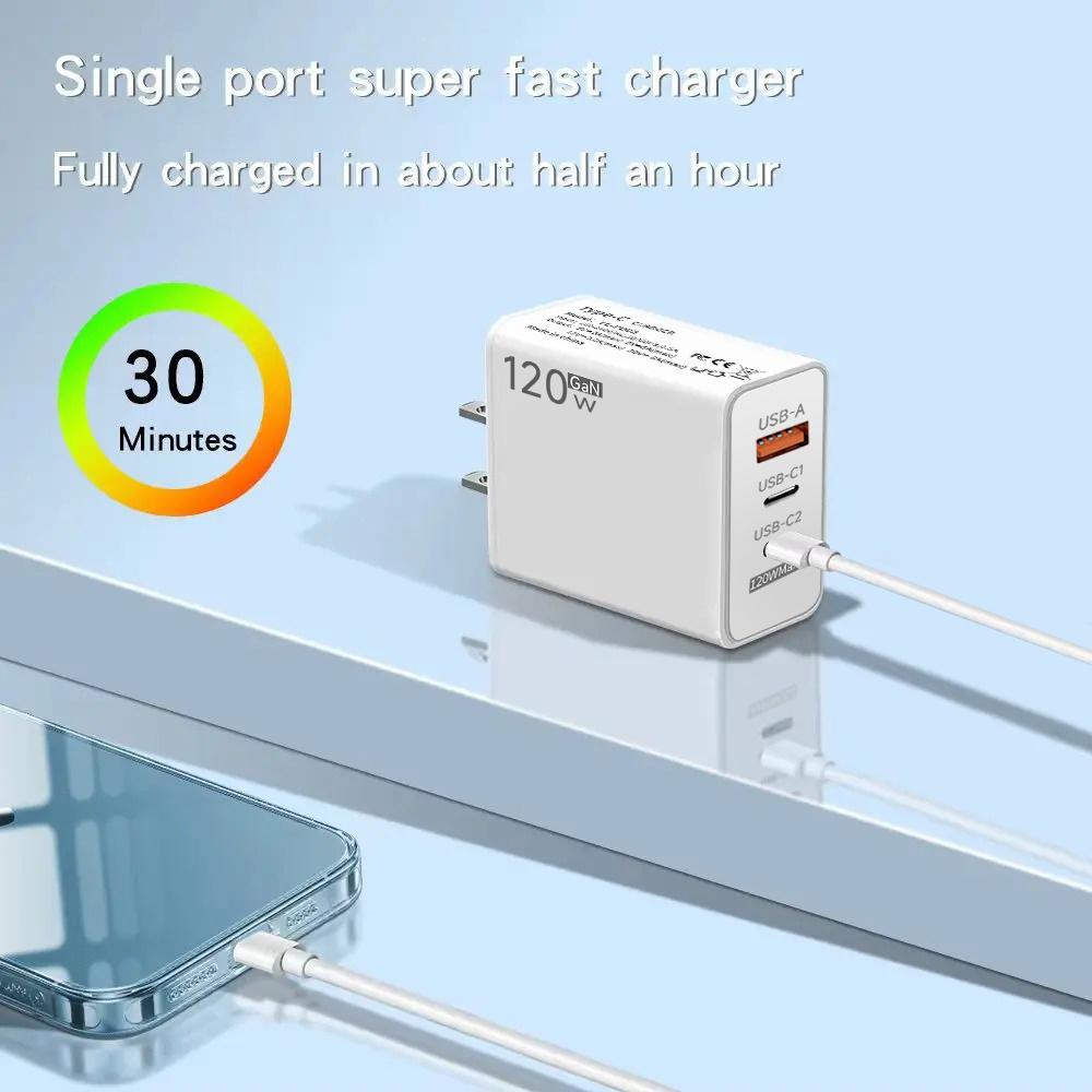 120W GaN USB Charger 3 Ports Fast Charging Phone Charger 6A Type C Cable For Mate 40 50 60 Honor EU/US Plug Wall Charger