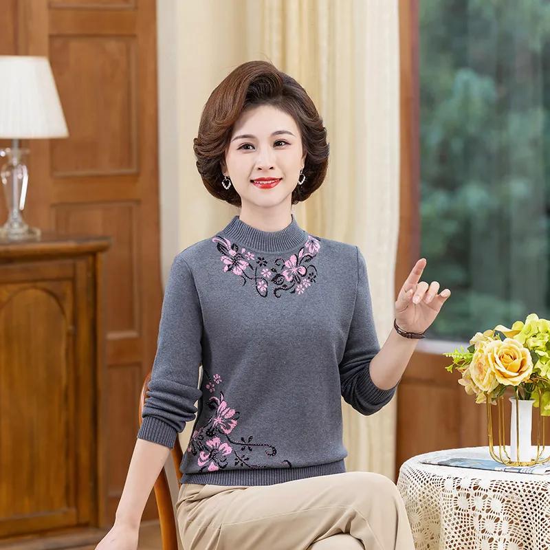 

Women s Spring/Fall Base Layer Knitwear Middle-Aged and Elderly Jacquard Round-Neck Sweater M