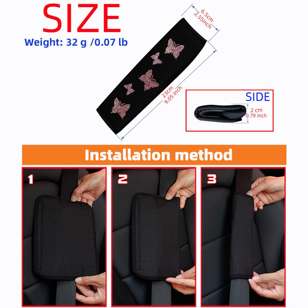 1 Glitter Pink Butterfly Blingling Fabric Automotive Supplies Seat Belt Shoulder Cover Comfortable Anti-tightening Safety Belt