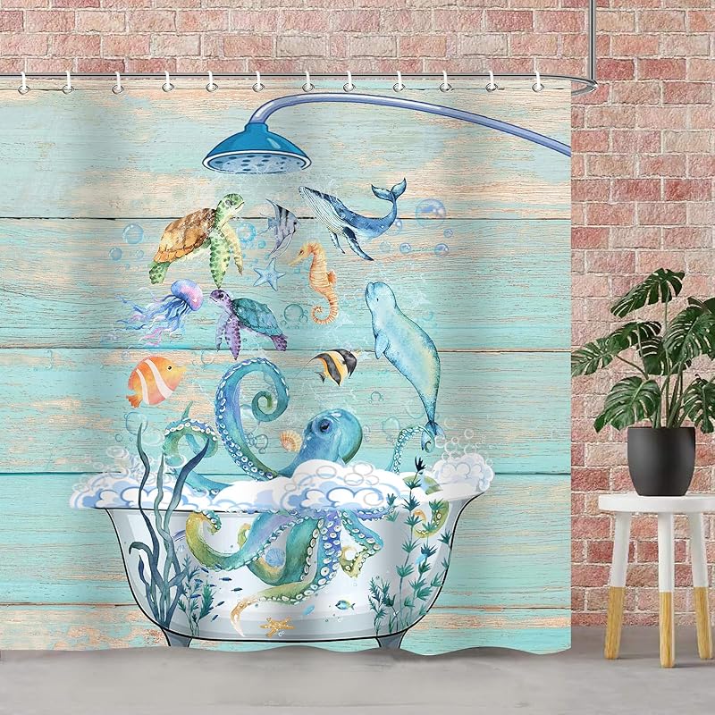 

Забавная шторка для душа с морской черепахой, Веселый осьминог, Морские водоросли в ванной, Океанские рыбы, Морской конек, Медуза, Юмор, Шторки для душа для ванной комнаты, Тканевая ванна 72 W x 72 L (Pack of 1)