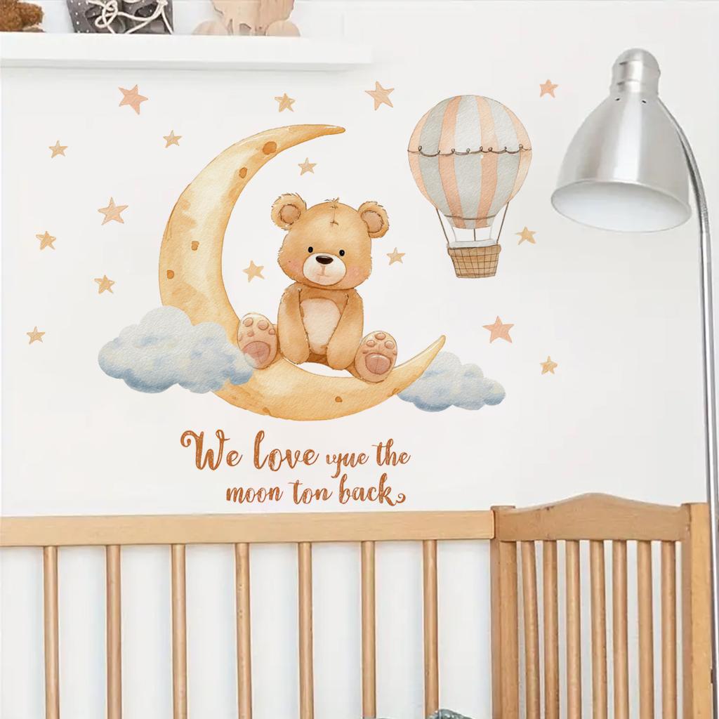 Self-adhesive Removable Wall Stickers Cute Bear Hot Air Balloon Stars Moon for Kids Room Bedroom Home Decor