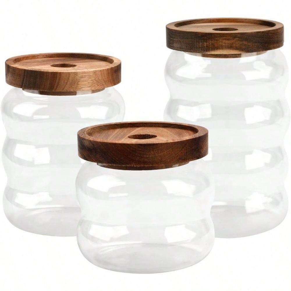 

Набор из 3-х разных стеклянных банок для хранения зерна, банок с крышкой из акации с молотковым узором, банок для хранения кофейных зерен, бутылок для хранения 3pcs чистый