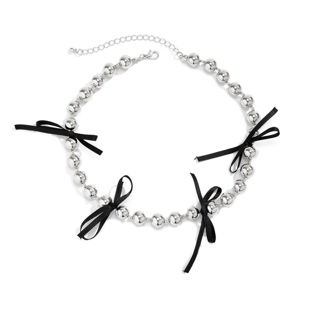 Fashionable Round Bead Neck Chain Beautiful Steel Beaded Chain Necklace Intricate Bowknot Pattern Collarbone Chain