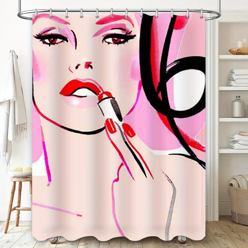Pink Beauty Woman Shower Curtain Set Pink Bath Decor With Makeup Brush Print For Bathroom Decoration Waterproof Polyester Fabric