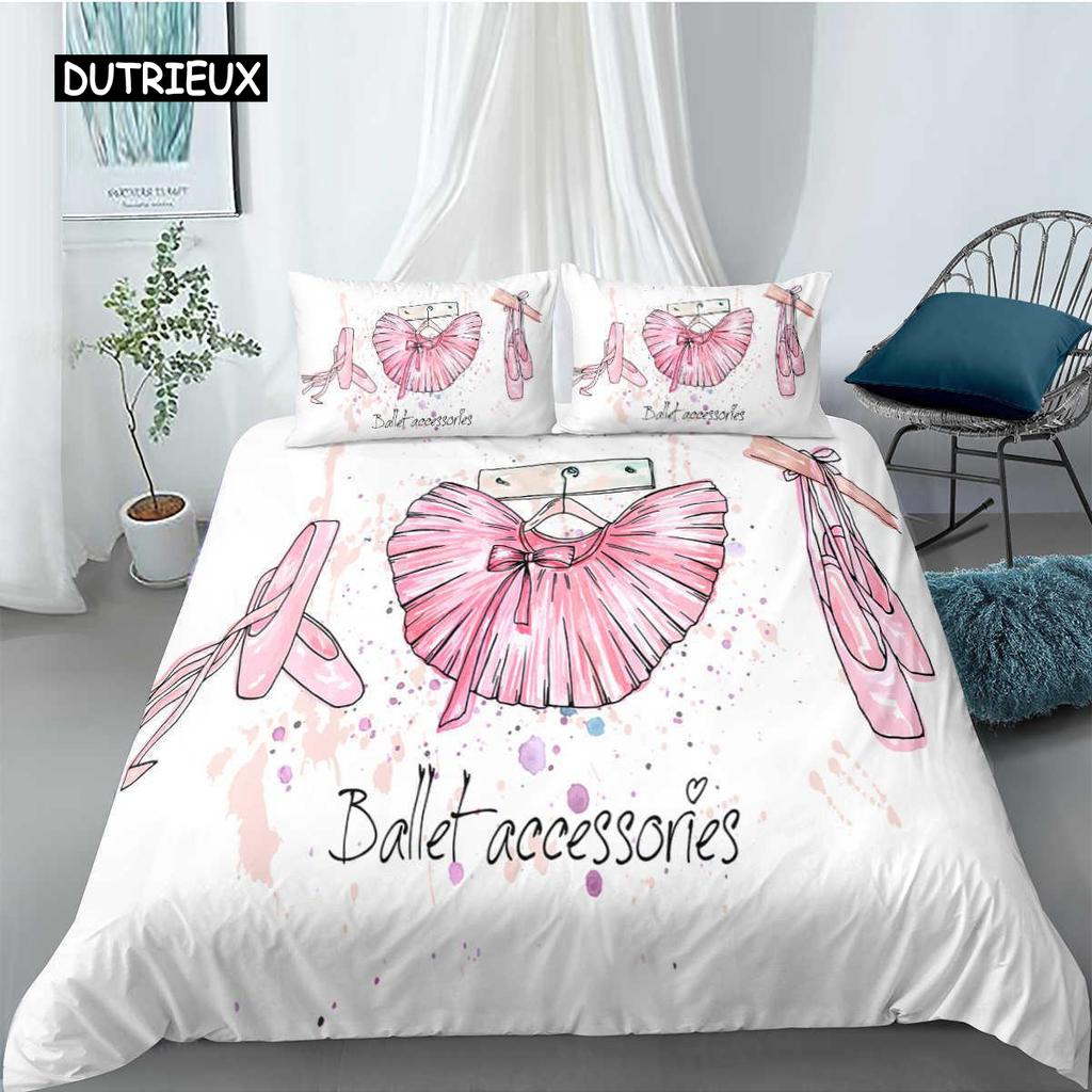 Ballet Duvet Cover Set King Microfiber Ballet Accessory Shoes Dress Bedding Set for Girls Rose Leaves Summer Style Quilt Cover