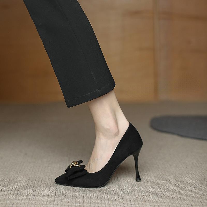 Fashion Fashionable Bow Metal Buckle High Heels 2024 Spring New Thin Heel Shallow Notch Pointed Simple Women's Single Shoe Versatile