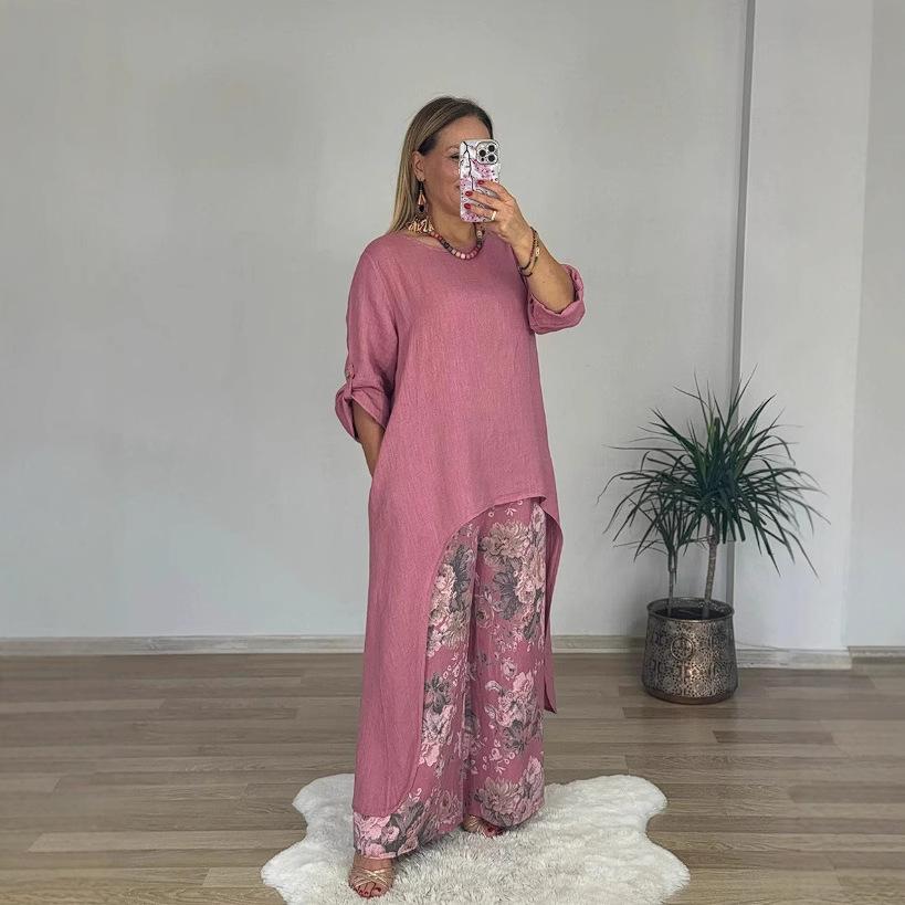 2025 Women's Casual Cotton Linen Irregular Top & Wide-Leg Pants Set with Pockets