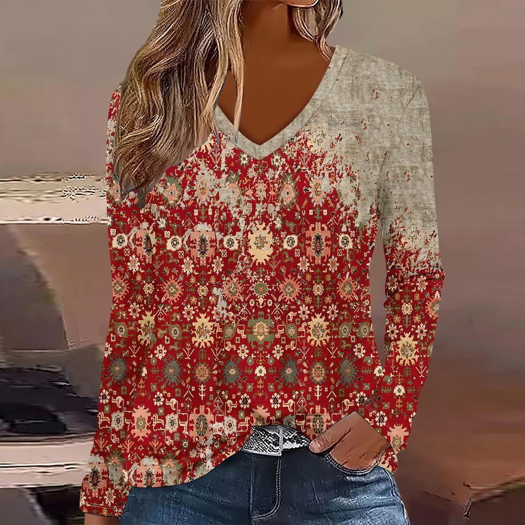 Europäische und amerikanische Mode 2025 Damen Elegantes V-Ausschnitt Langarm T-Shirt