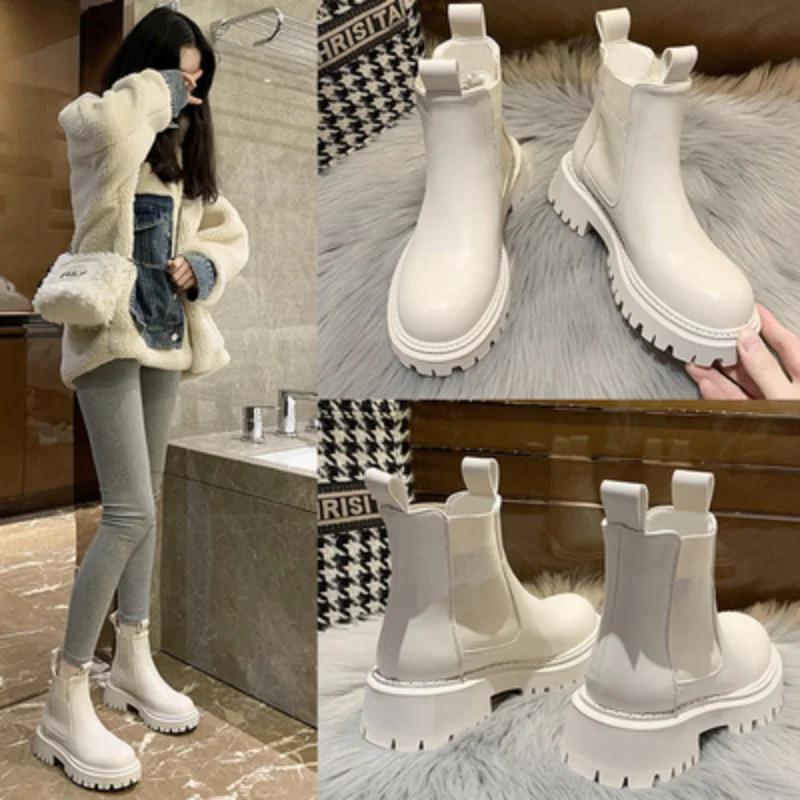 Fashion New Autumn Winter Chelsea Boots Women Platform Brown Black Beige White Ankle Boots for Women Fur Short Chunky Punk Gothic Shoes