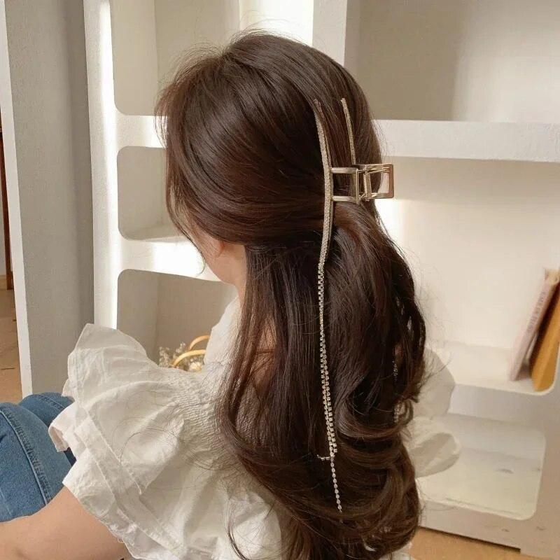 Geometric Crystal Rhinestones Long Tassel Hair Claw for Women Metal Large Hair Clip Women's Fashion Hairpins Hair Accessories