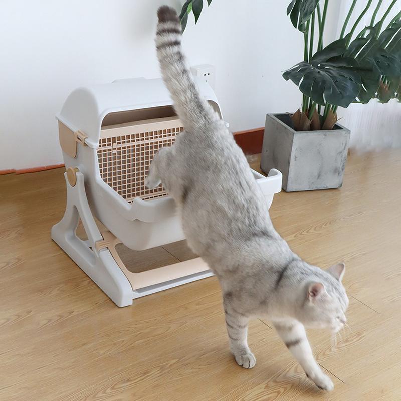 Semi Automatic Enclosed Cat Litter Box with Tipping Bucket Large Capacity Cats Litter Box Cute Luxury Pet Toilet Pets Supplies