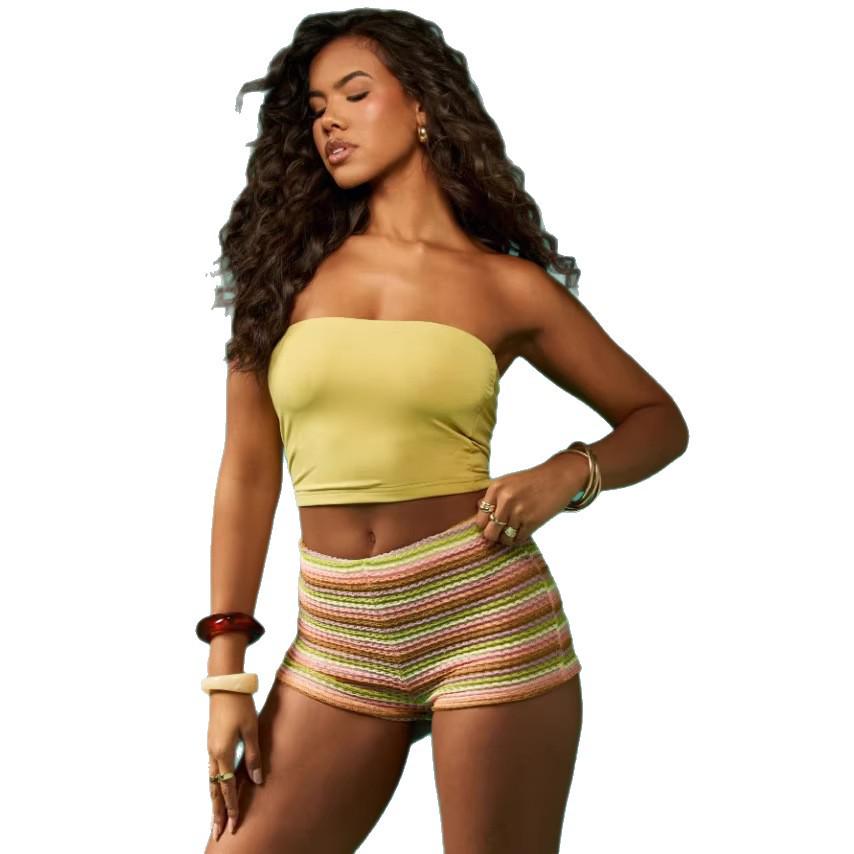 2026 Summer Women's Hollow Jacquard Striped Bikini Shorts - Sexy, High Elasticity