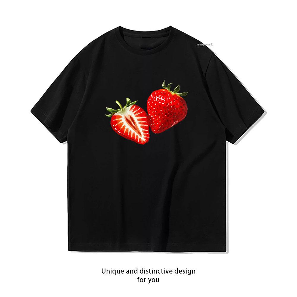 

Two strawberries resting on a white background with one berry cut to show the inside and one whole TShirt S