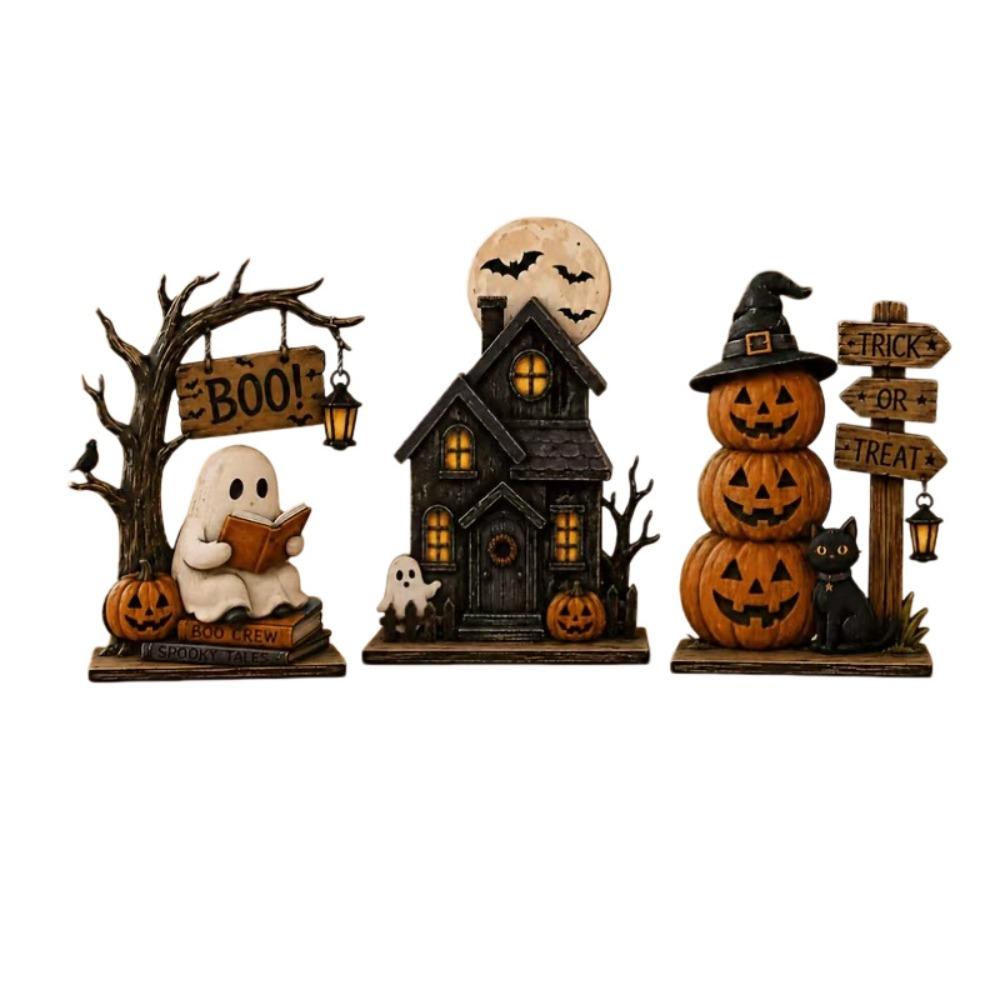 3Pcs/Set Vintage Style Halloween Wooden Decoration Wooden Ghost Black Cat Pumpkin Theme Vintage Wooden Block Shelf Decoration