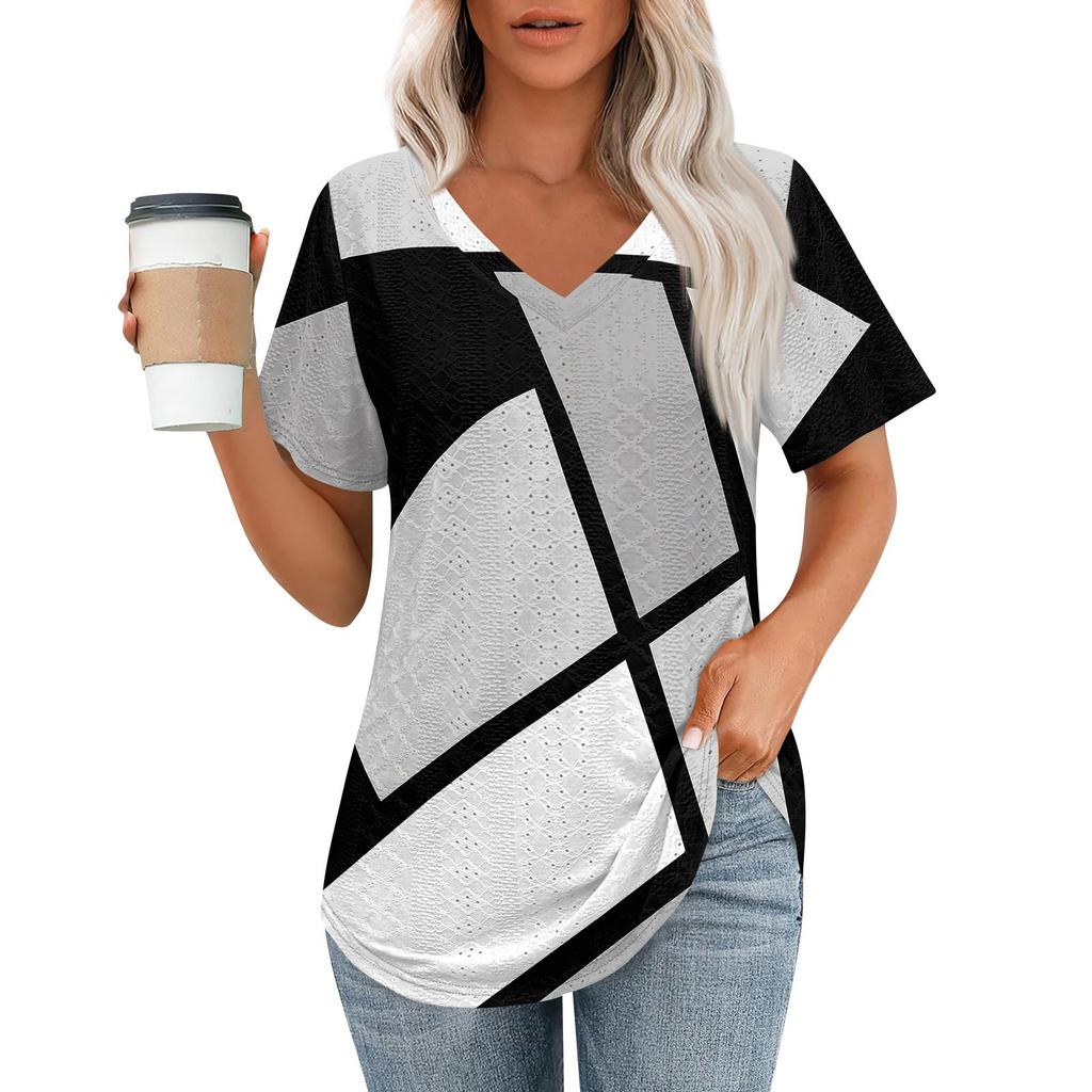 Dámská trička s výstřihem do V, s krátkým rukávem, ležérní topy, volný střih, základní trička se zakulaceným lemem