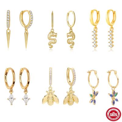 Trendy S925 Sterling Silver Colored Zircon Bee Dragon Rivet Earrings Fashionable Retro Earrings Earrings Pendant Earrings