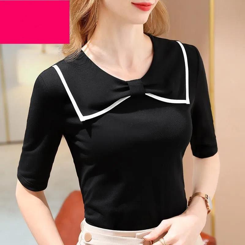 

Омолаживающая футболка с бантом и рукавом до локтя для женщин на осень Женская черно-белая футболка для ношения под одеждой Базовая футболка Топ L чёрный