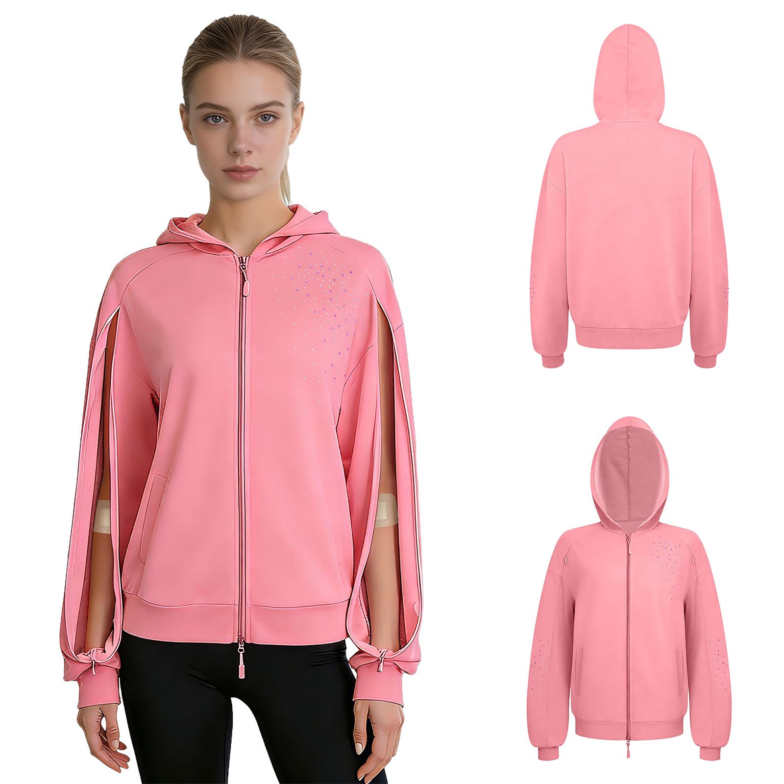 Damen Kapuzenpullover für Dialyse, Langarm, durchgehend Reißverschluss, Reißverschluss am Arm, Glänzende Strassjacke mit Taschen für medizinische Kleidung XS rosa