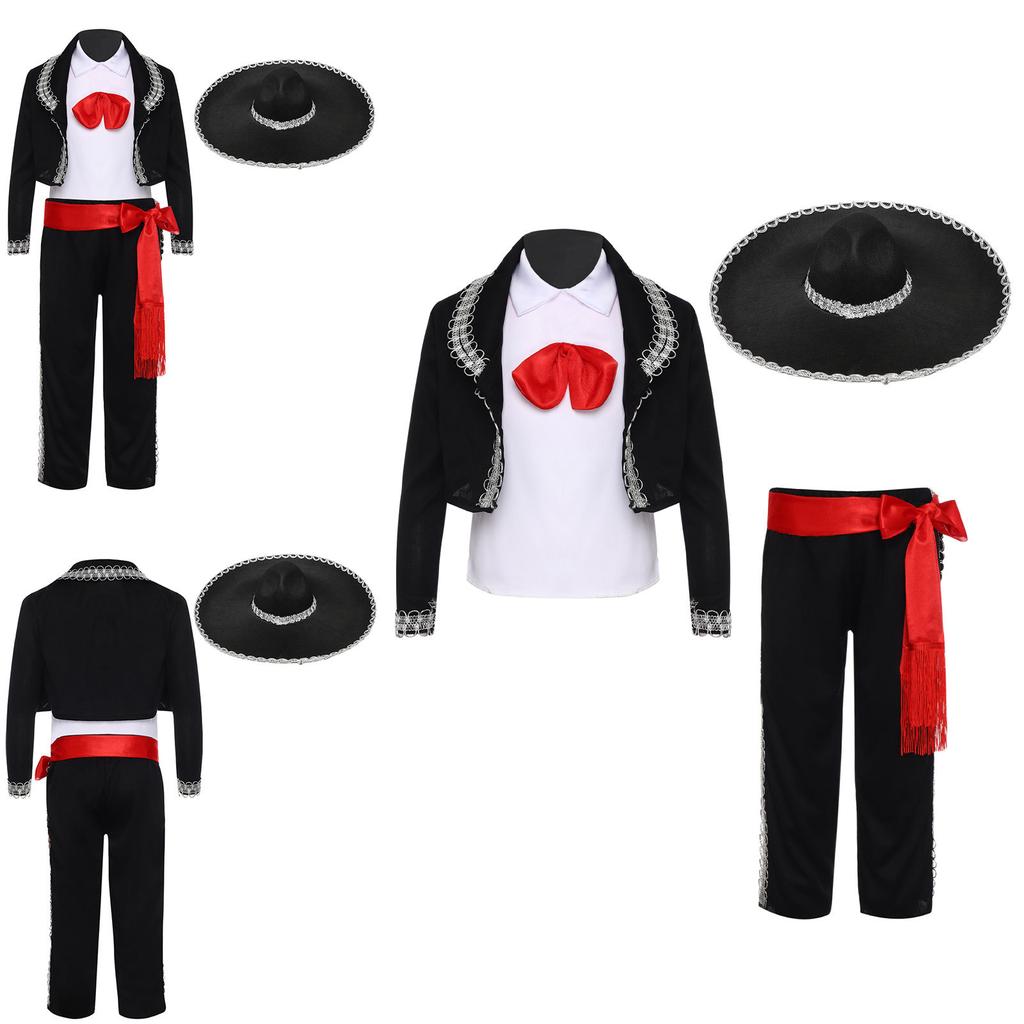 Dětský tradiční mariachi kostým 5dílná sada včetně vesty kalhot saka pásku klobouku pro Halloween mexický cosplay vystoupení