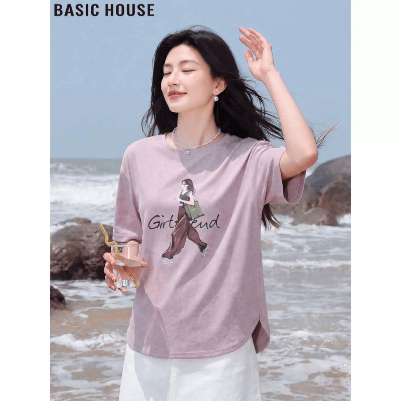 Basic House Women s Printed Short Sleeve T-Shirt One Size