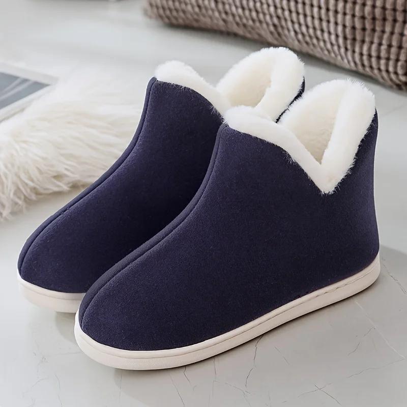 Winter-Hausschuhe mit Plüschfutter, einfarbig, Thermo-Schlupfstiefel, flache Knöchelstiefel, warme Hausschuhe für drinnen und draußen, Damenschuhe