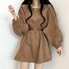 Vestidos de pana con fajas de otoño para mujer, estilo coreano, estilo preppy, con mangas abullonadas, estilo informal, estilo Harajuku, elegante, combina con todo, color liso