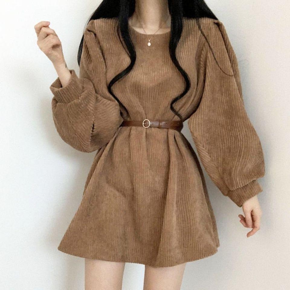 Vestidos de pana con fajas de otoño para mujer, estilo coreano, estilo preppy, con mangas abullonadas, estilo informal, estilo Harajuku, elegante, combina con todo, color liso