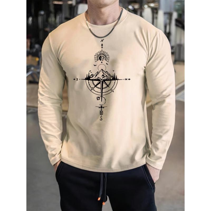 Camiseta De Manga Larga Con Cuello Redondo Y Estampado De Brújula De Montaña Para Deportes Y Ocio, 100% Algodón Puro, Holgada, Cómoda