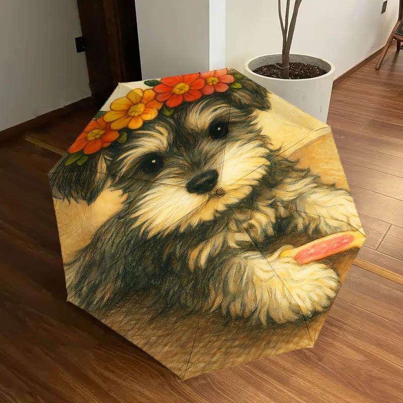 Flower Crown Dog Toy with Automatic Opening Umbrella - Portable Folding Design, 8-Bone Iron Frame Outdoor Umbrella, Perfect Gift for Fans, T