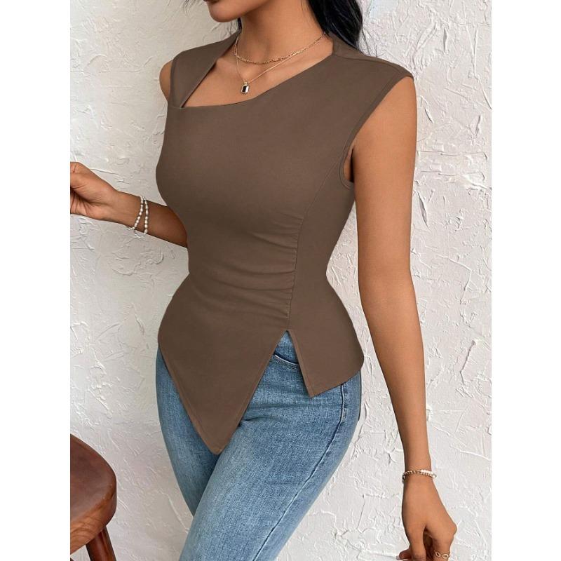 DAFIFY Women's Fashion Casual Summer Spring Solid Color Print Sleeveless Oblique Collark Blouses & Shirts