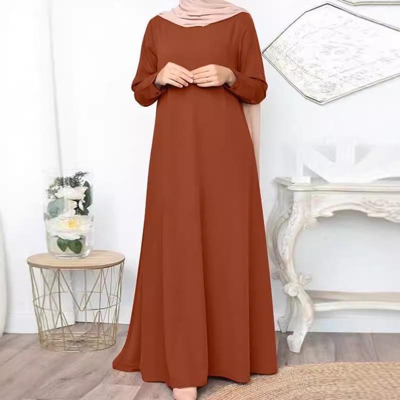Elegant Solid Color Maxi Dress for Muslim Women – Long Sleeve, Casual & Comfortable