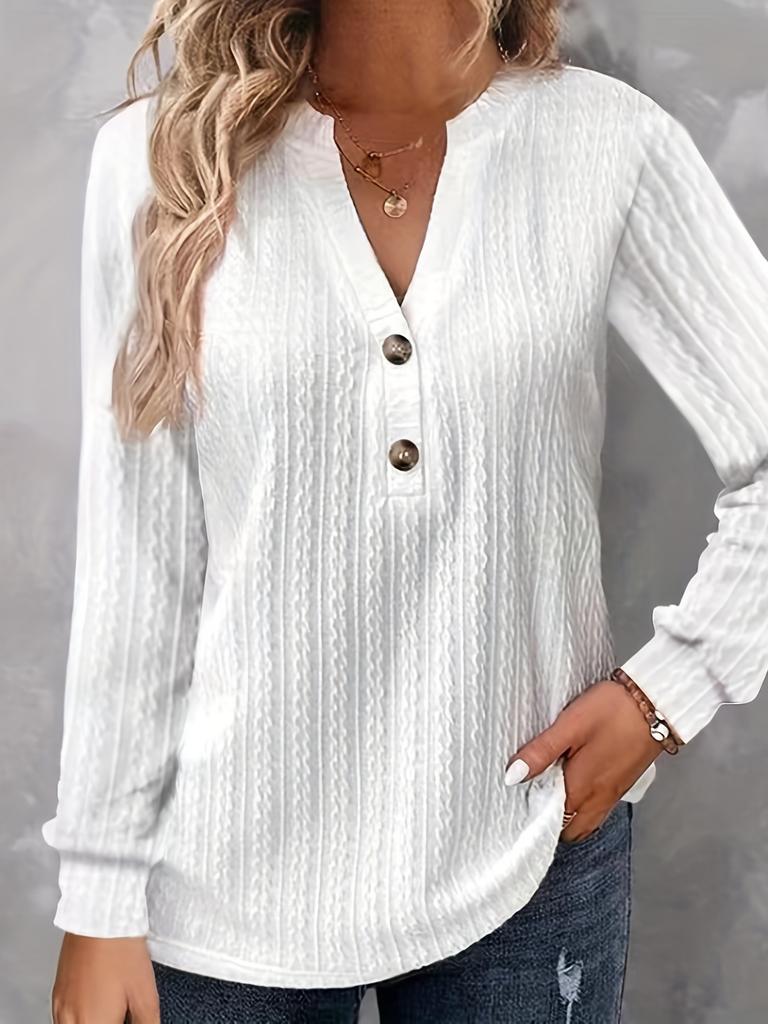 Women Long Sleeve Henley Tunic Top Solid Ribbed Knit V Neck Button Casual Loose Blouse Shirt