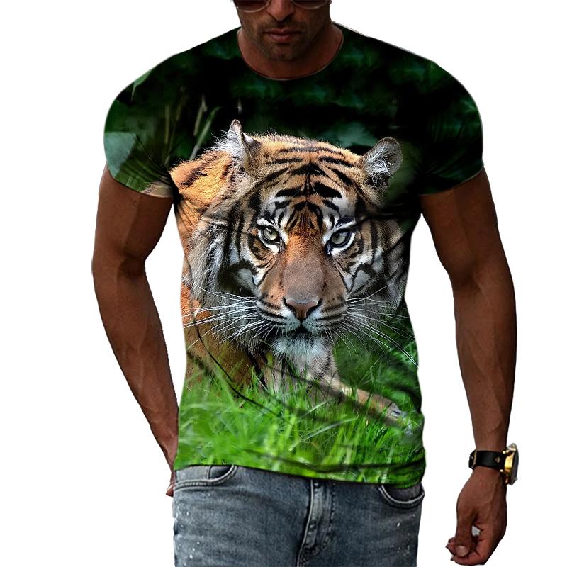 Fashion Handsome Animal Tiger Print Men T-shirt Summer Trend Casual Personality Hip Hop Street Style O-neck Short Sleeve T-shirt