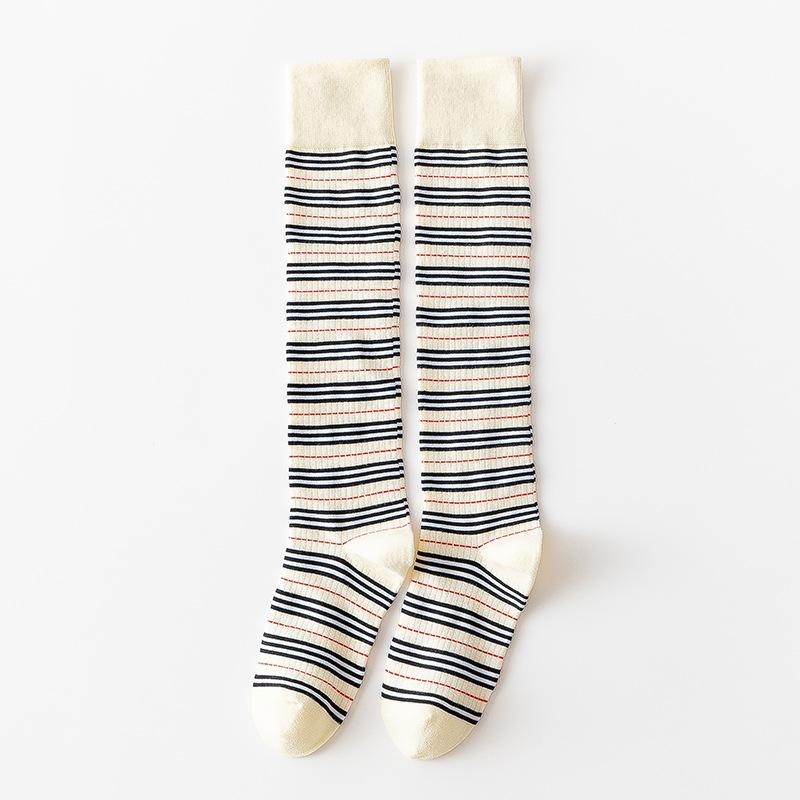 Ladies Spring and Autumn Personality Striped Cotton Preppy Style Cute Everything with Long Leg Socks