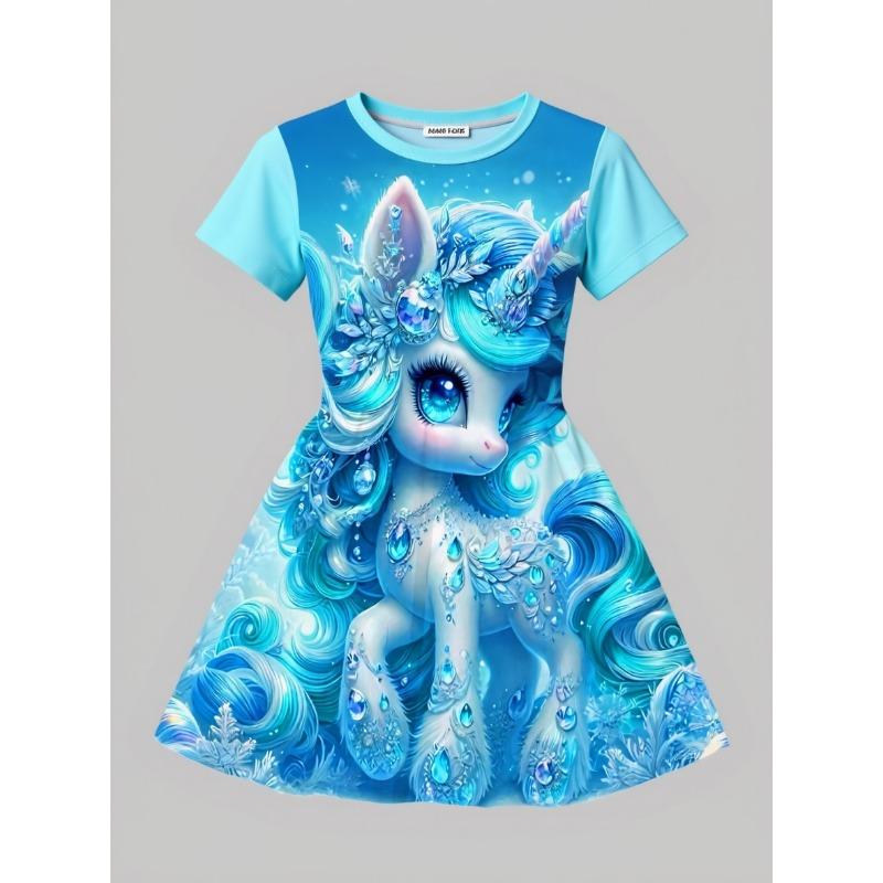 

A Short-Sleeved Dress for Girls with a 3D Print Design Featuring a Blue The Playful Skirt Is Perfect for Running And Playing. This Casual 110