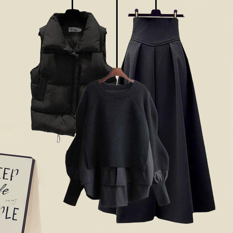 Women Large Loose Fake Two-piece Sweater Versatile Vest Slimming Half Skirt Three Piece Set