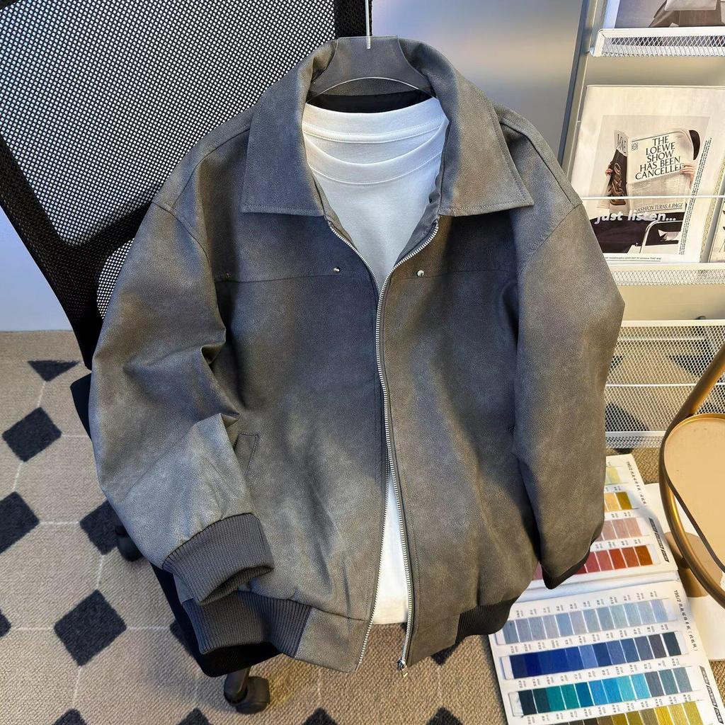 Men's Trendy Retro Brown Leather Baseball Jacket - Suede, Short, Roguish Style for Spring/Autumn